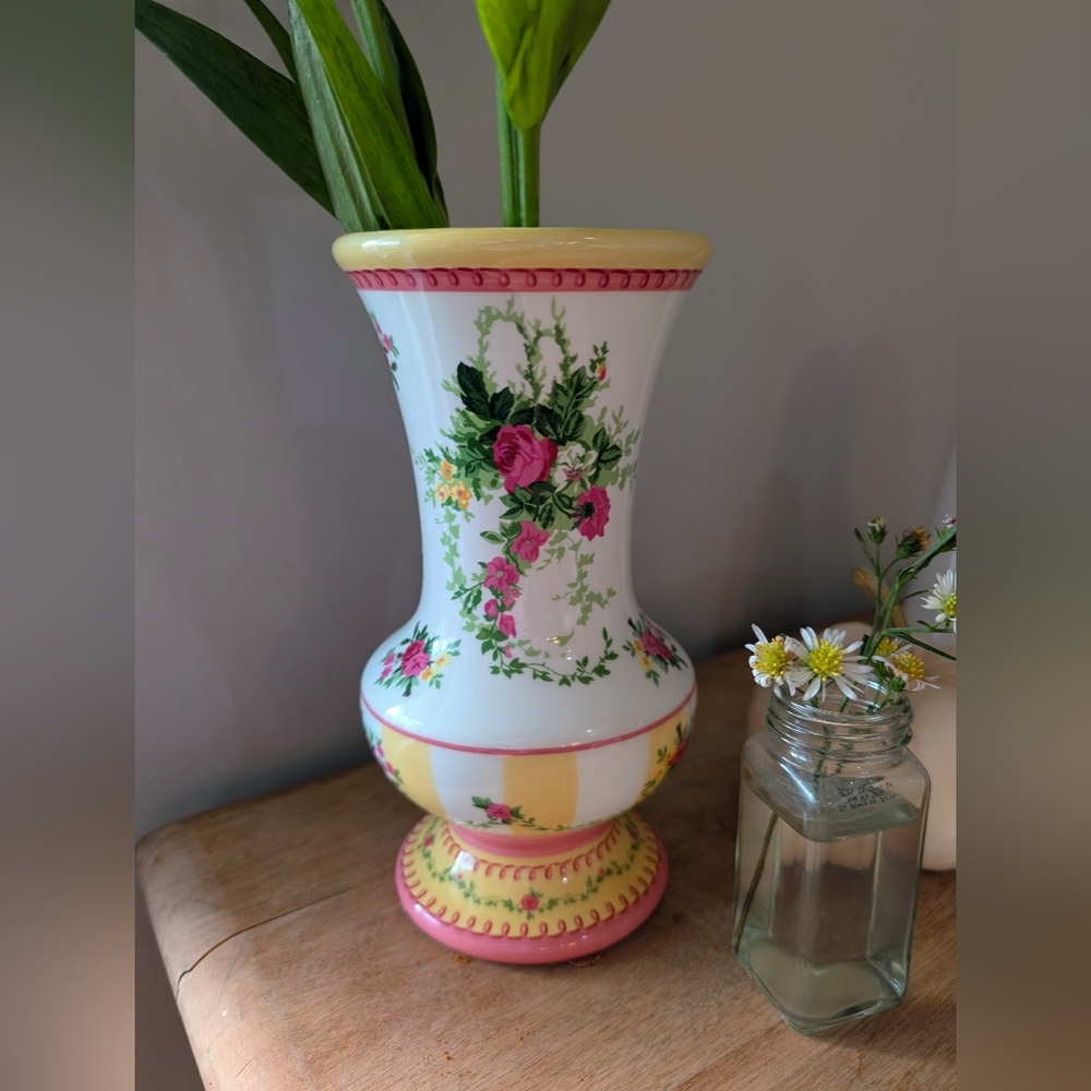Floral Ceramic Vase with Pink and Yellow Accents